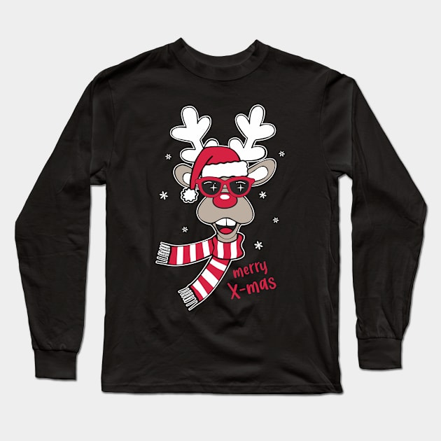 Reindeer Funny Merry X-Mas Christmas Cartoon Style Long Sleeve T-Shirt by FloraLi